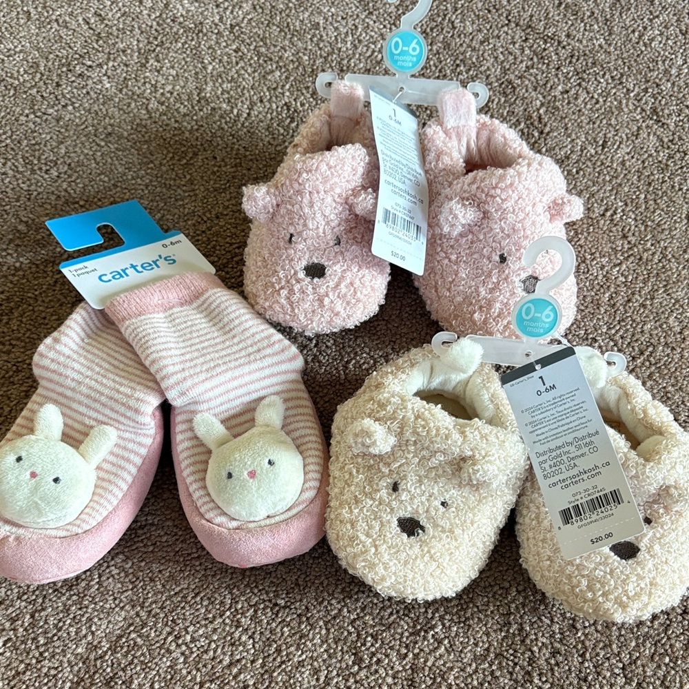 Carters set lot of 3 slippers socks baby size 0-6 month new